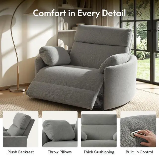 Alt view image 7 of 7 - Mochi 54" Oversized Power Recliner Chair for Big & Tall Adults, Extra Wide Electric Chenille Recliner with USB & Type-C Ports, Wide Single Sofa with Pillows for Living Room, Light Gray