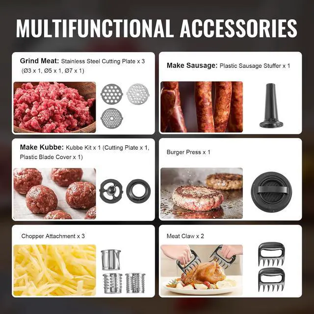 Alt view image 3 of 7 - Meat Grinder, 3 Lbs/Min Capacity Electric Meat Grinders with Blade, Grinding Plate, Sausage Maker, Kubbe Kit, Burger Press, Chopper Attachment, Stainless Steel Meat Mincer for Home Kitchen