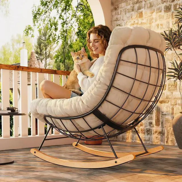 Alt view image 5 of 7 - Oversized Rocking Accent Chair with Thick Cushion & Bonus Pillow, Papasan Style Lounge Chair with Metal Frame & Wood Base, Cozy Living Room Armchair for Bedroom, Balcony, Reading Nook Beige