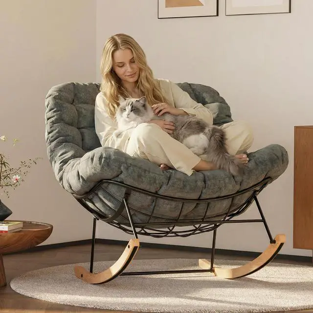 Main image of Oversized Rocking Accent Chair with Thick Cushion & Bonus Pillow, Papasan Style Lounge Chair with Metal Frame & Wood Base, Cozy Living Room Armchair for Bedroom, Balcony, Reading Nook Grey