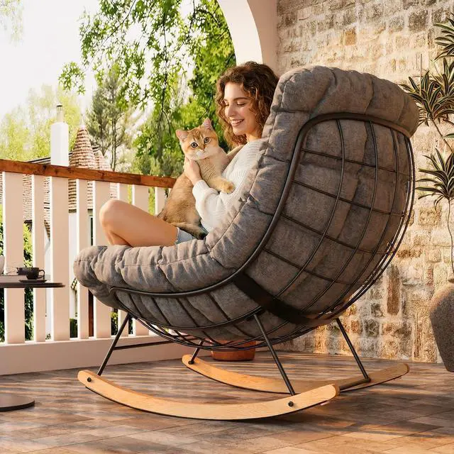 Alt view image 5 of 7 - Oversized Rocking Accent Chair with Thick Cushion & Bonus Pillow, Papasan Style Lounge Chair with Metal Frame & Wood Base, Cozy Living Room Armchair for Bedroom, Balcony, Reading Nook Grey