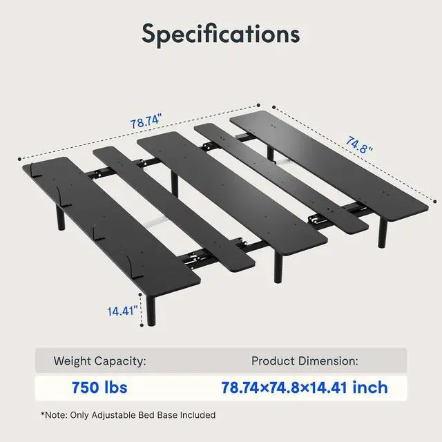 Alt view image 2 of 7 - S3K-Lite King Size Adjustable Bed Frame Base, Zero Clearance, Independent Head & Foot Incline, Zero Gravity, Wireless Remote, 12 Legs, Easy Assemble, 5-Year Warranty, 750 lbs.