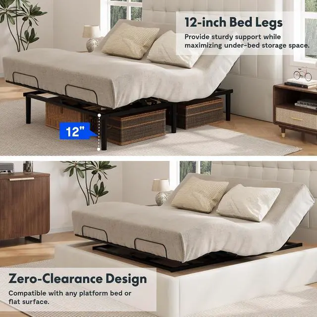 Alt view image 5 of 7 - S3K-Lite King Size Adjustable Bed Frame Base, Zero Clearance, Independent Head & Foot Incline, Zero Gravity, Wireless Remote, 12 Legs, Easy Assemble, 5-Year Warranty, 750 lbs.