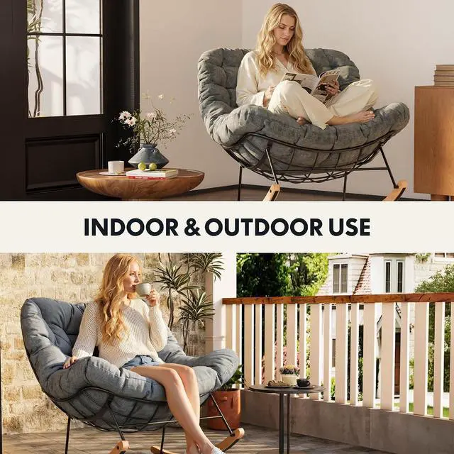Alt view image 6 of 7 - Oversized Rocking Accent Chair with Thick Cushion & Bonus Pillow, Papasan Style Lounge Chair with Metal Frame & Wood Base, Cozy Living Room Armchair for Bedroom, Balcony, Reading Nook Grey
