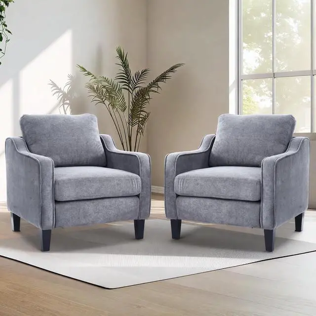 Main image of AC2 Accent Chairs Set of 2, Mid Century Modern Chenille Upholstered Armchairs with Padded Back, Comfy Reading Chairs for Living Room, Bedroom, Office & Small Spaces, Grey
