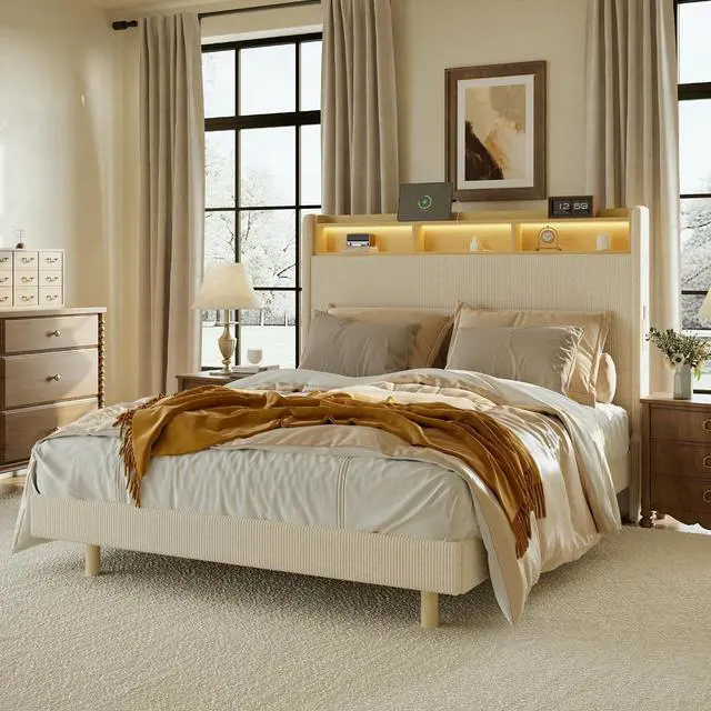 Main image of Queen Platform Bed Frame with 51" Tall Upholstered Corduroy Headboard, Two-Tier Storage Shelves, LED Light & Charging Station, Remote Pocket, No Box Spring Needed,1100Ibs Heavy-Duty, Beige