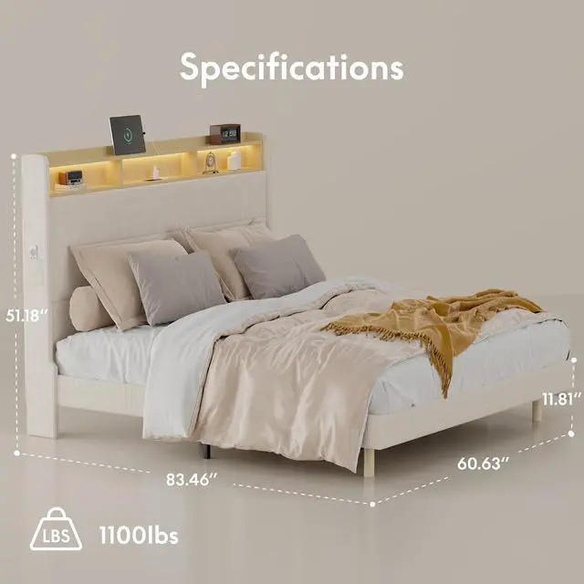 Alt view image 2 of 7 - Queen Platform Bed Frame with 51" Tall Upholstered Corduroy Headboard, Two-Tier Storage Shelves, LED Light & Charging Station, Remote Pocket, No Box Spring Needed,1100Ibs Heavy-Duty, Beige