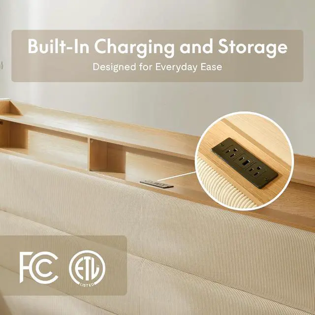 Alt view image 6 of 7 - Queen Platform Bed Frame with 51" Tall Upholstered Corduroy Headboard, Two-Tier Storage Shelves, LED Light & Charging Station, Remote Pocket, No Box Spring Needed,1100Ibs Heavy-Duty, Beige