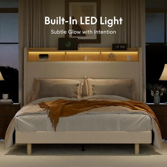 Alt view image 7 of 7 - Queen Platform Bed Frame with 51" Tall Upholstered Corduroy Headboard, Two-Tier Storage Shelves, LED Light & Charging Station, Remote Pocket, No Box Spring Needed,1100Ibs Heavy-Duty, Beige