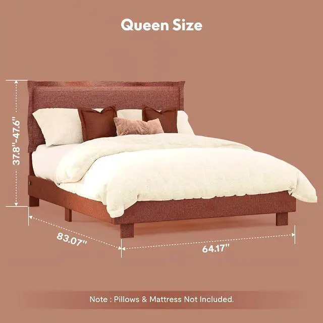 Alt view image 2 of 7 - Queen Upholstered Bed Frame with Adjustable Headboard, 900 lbs Heavy Duty Platform Bed, USB & Type-C Charging Ports, Soft Padded Frame, No Box Spring Needed, SGS Certified, Orange