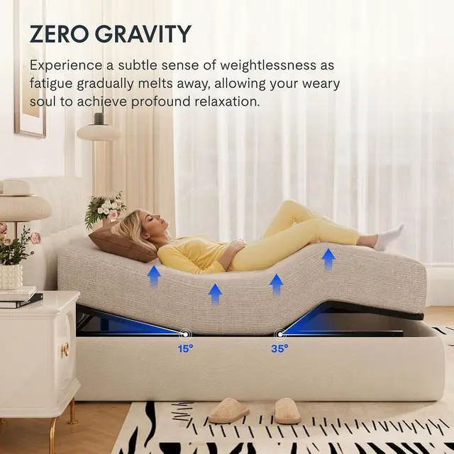 Alt view image 5 of 7 - Adjustable Bed Frame Bases Queen, Massage, Zero Gravity, Memory Postions, Quick Assembly, Whisper Quiet Durable Motor, Adjustable Leg, Underbed Light, Wireless Remote, 750Ibs.