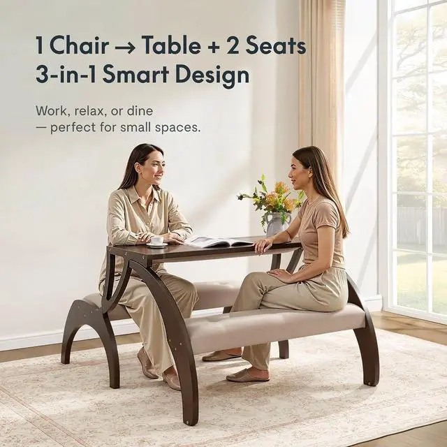 Alt view image 3 of 7 - 3-in-1 Convertible Chair to Table with 2 Seats,Desk and Chair Set for 4, Upholstered Accent Chair with Solid Wood Frame, Easy Flip Design, Space Saving Furniture for Small Apartments