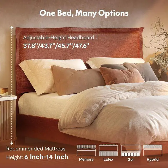 Alt view image 6 of 7 - Queen Upholstered Bed Frame with Adjustable Headboard, 900 lbs Heavy Duty Platform Bed, USB & Type-C Charging Ports, Soft Padded Frame, No Box Spring Needed, SGS Certified, Orange