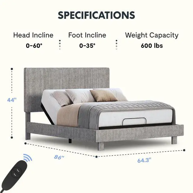 Alt view image 2 of 7 - Queen All-in-One Adjustable Bed with Velvet Upholstered Bed Frame, Vertical Channel Fluted Headboard, Head & Foot Lift, Adjustable Headboard, Thick Foam Padding, Easy Assembly, Light Grey