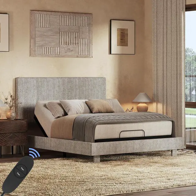 Main image of Queen All-in-One Adjustable Bed with Velvet Upholstered Bed Frame, Vertical Channel Fluted Headboard, Head & Foot Lift, Adjustable Headboard, Thick Foam Padding, Easy Assembly, Light Grey