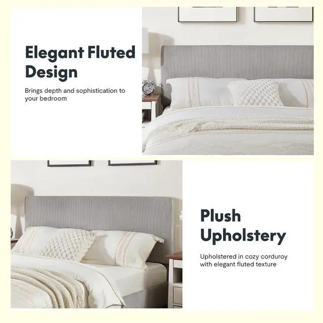 Alt view image 4 of 7 - Queen All-in-One Adjustable Bed with Velvet Upholstered Bed Frame, Vertical Channel Fluted Headboard, Head & Foot Lift, Adjustable Headboard, Thick Foam Padding, Easy Assembly, Light Grey
