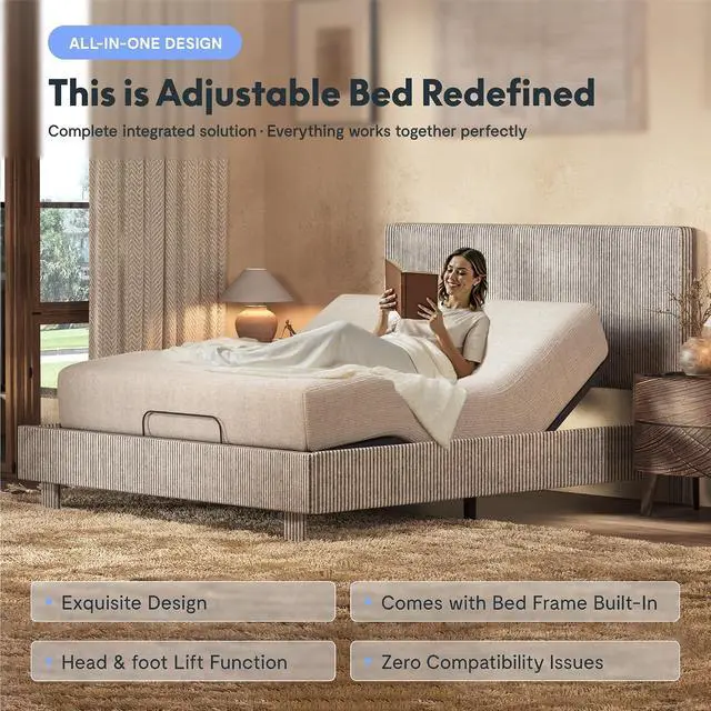 Alt view image 3 of 7 - Queen All-in-One Adjustable Bed with Velvet Upholstered Bed Frame, Vertical Channel Fluted Headboard, Head & Foot Lift, Adjustable Headboard, Thick Foam Padding, Easy Assembly, Light Grey