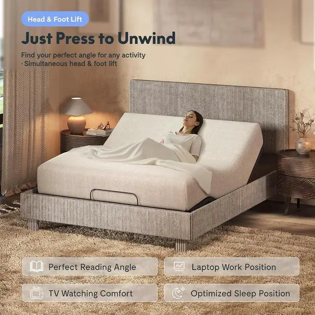 Alt view image 5 of 7 - Queen All-in-One Adjustable Bed with Velvet Upholstered Bed Frame, Vertical Channel Fluted Headboard, Head & Foot Lift, Adjustable Headboard, Thick Foam Padding, Easy Assembly, Light Grey