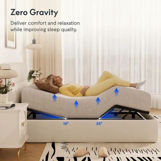 Alt view image 5 of 7 - Split King Adjustable Bed Frame BaseZero Gravity & Soothing Massage,Memory Positions,Whisper-Quiet Motor,Quick Assembly,Adjustable Legs,Under-Bed Light & Wireless Remote,750 lbs
