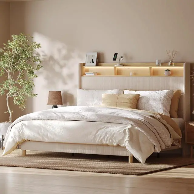 Main image of 51 King Bed Frame with LED Lights, Charging Station & Storage Shelf, Elegant Corduroy Upholstered Platform Bed with Tall Wingback Headboard, No Box Spring Needed, Beige