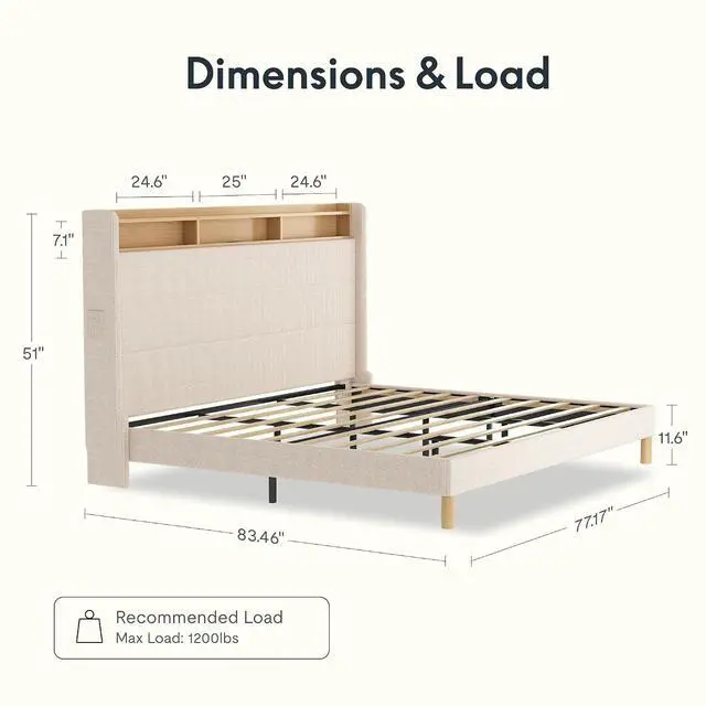 Alt view image 2 of 7 - 51 King Bed Frame with LED Lights, Charging Station & Storage Shelf, Elegant Corduroy Upholstered Platform Bed with Tall Wingback Headboard, No Box Spring Needed, Beige