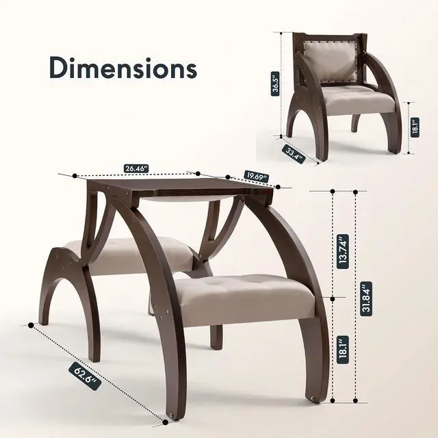 Alt view image 2 of 7 - 3-in-1 Convertible Chair to Table with 2 Seats,Desk and Chair Set for 2, Upholstered Accent Chair with Solid Wood Frame, Easy Flip Design, Space Saving Furniture for Small Apartments