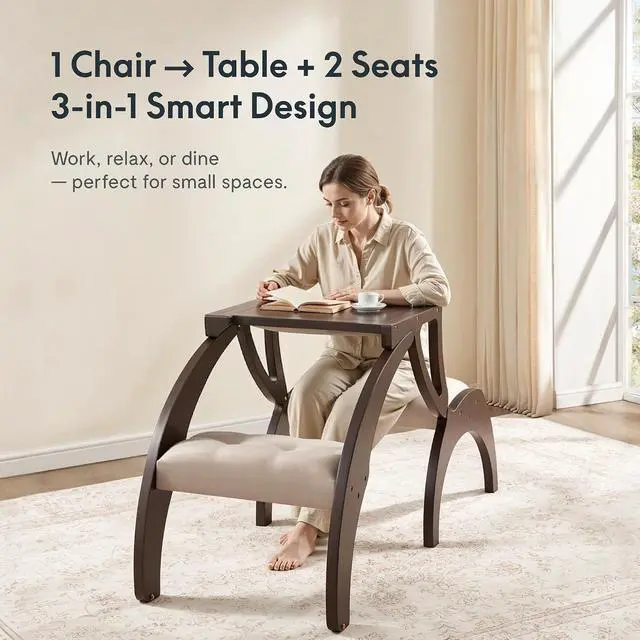 Alt view image 3 of 7 - 3-in-1 Convertible Chair to Table with 2 Seats,Desk and Chair Set for 2, Upholstered Accent Chair with Solid Wood Frame, Easy Flip Design, Space Saving Furniture for Small Apartments