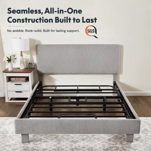 Alt view image 7 of 7 - Queen All-in-One Adjustable Bed with Velvet Upholstered Bed Frame, Vertical Channel Fluted Headboard, Head & Foot Lift, Adjustable Headboard, Thick Foam Padding, Easy Assembly, Light Grey