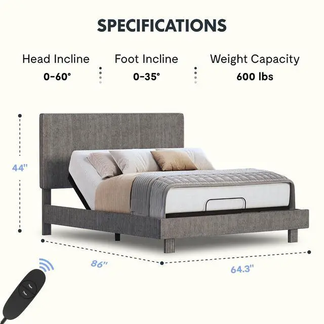 Alt view image 2 of 7 - Queen All-in-One Adjustable Bed with Velvet Upholstered Bed Frame, Vertical Channel Fluted Headboard, Head & Foot Lift, Adjustable Headboard, Thick Foam Padding, Easy Assembly, Dark Grey