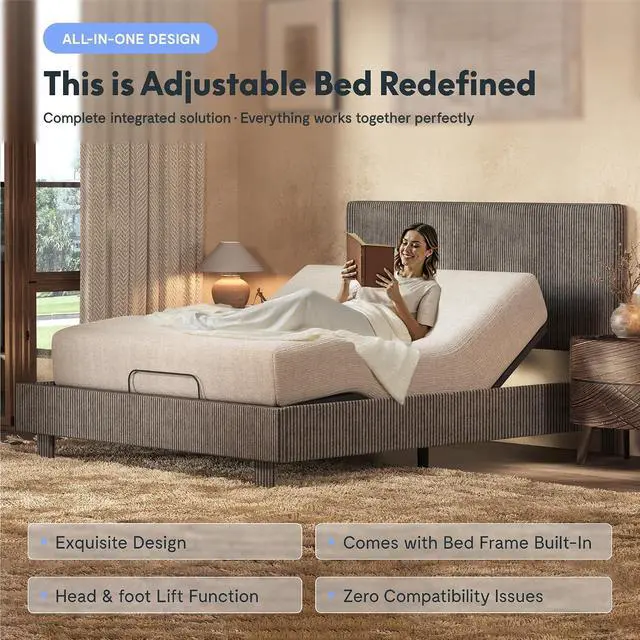 Alt view image 4 of 7 - Queen All-in-One Adjustable Bed with Velvet Upholstered Bed Frame, Vertical Channel Fluted Headboard, Head & Foot Lift, Adjustable Headboard, Thick Foam Padding, Easy Assembly, Dark Grey