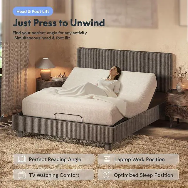 Alt view image 5 of 7 - Queen All-in-One Adjustable Bed with Velvet Upholstered Bed Frame, Vertical Channel Fluted Headboard, Head & Foot Lift, Adjustable Headboard, Thick Foam Padding, Easy Assembly, Dark Grey
