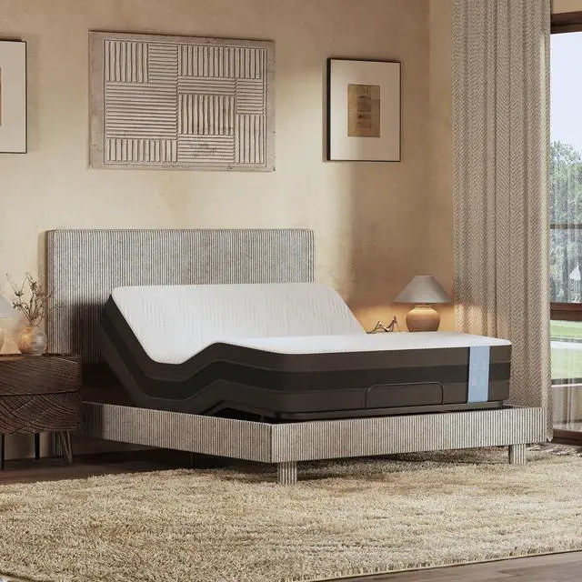 Main image of Queen All-in-One Adjustable Bed with 10" Cooling Gel Memory Foam Mattress, Velvet Upholstered Bed Frame, Head & Foot Lift, Adjustable Headboard, 10-Year Warranty, Light Grey