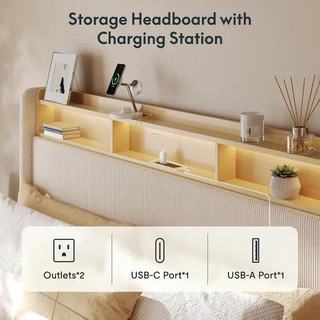 Alt view image 3 of 7 - 51 King Bed Frame with LED Lights, Charging Station & Storage Shelf, Elegant Corduroy Upholstered Platform Bed with Tall Wingback Headboard, No Box Spring Needed, Beige