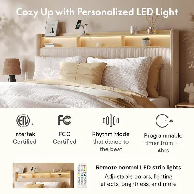 Alt view image 4 of 7 - 51 King Bed Frame with LED Lights, Charging Station & Storage Shelf, Elegant Corduroy Upholstered Platform Bed with Tall Wingback Headboard, No Box Spring Needed, Beige