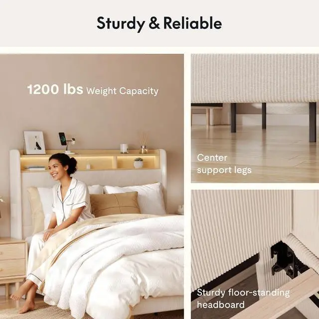 Alt view image 5 of 7 - 51 King Bed Frame with LED Lights, Charging Station & Storage Shelf, Elegant Corduroy Upholstered Platform Bed with Tall Wingback Headboard, No Box Spring Needed, Beige