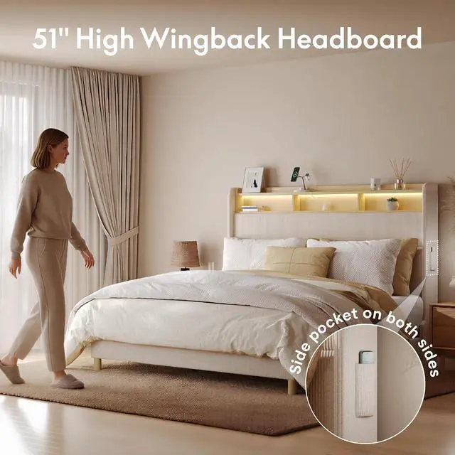 Alt view image 6 of 7 - 51 King Bed Frame with LED Lights, Charging Station & Storage Shelf, Elegant Corduroy Upholstered Platform Bed with Tall Wingback Headboard, No Box Spring Needed, Beige