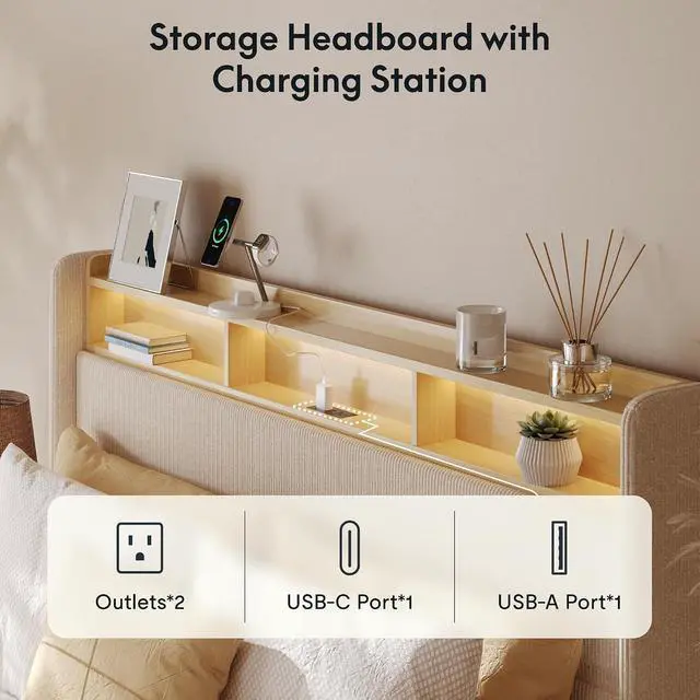 Alt view image 3 of 7 - 51 Queen Bed Frame with LED Lights, Charging Station & Storage Shelf, Elegant Corduroy Upholstered Platform Bed with Tall Wingback Headboard, No Box Spring Needed, Beige