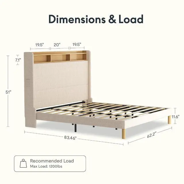 Alt view image 2 of 7 - 51 Queen Bed Frame with LED Lights, Charging Station & Storage Shelf, Elegant Corduroy Upholstered Platform Bed with Tall Wingback Headboard, No Box Spring Needed, Beige