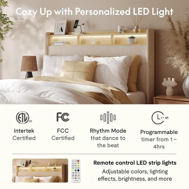 Alt view image 4 of 7 - 51 Queen Bed Frame with LED Lights, Charging Station & Storage Shelf, Elegant Corduroy Upholstered Platform Bed with Tall Wingback Headboard, No Box Spring Needed, Beige