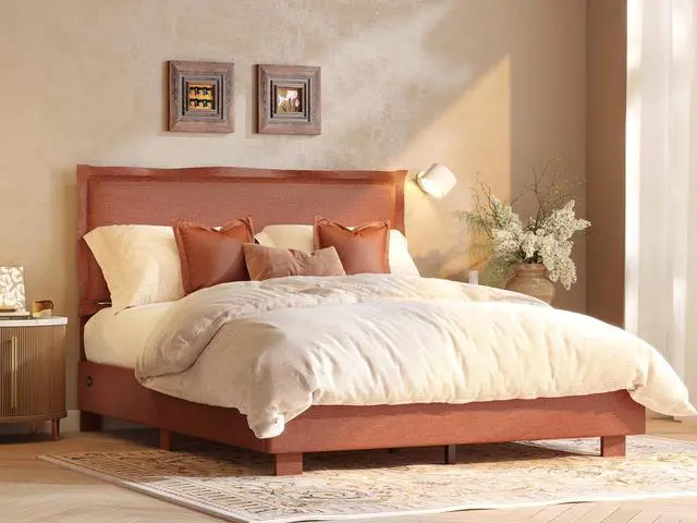 Main image of Queen Flange Edge Upholstered Platform Bed Frame & Adjustable Headboard900 lbs,USB&Type-C Charging Ports,SGS CertifiedSoft Padded Frame for Any Bedroom Style, Orange.