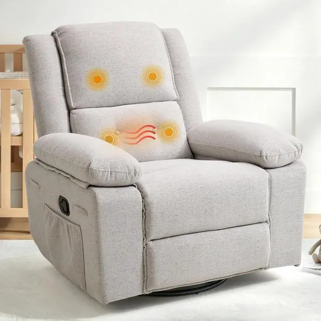 Main image of Swivel Rocker Recliner for Adults, Manual Reclining Chair with Massage & Heat, Side Pocket, Compact Nursery Glider Recliner for Living Room, Bedroom or Apartment, Light Grey