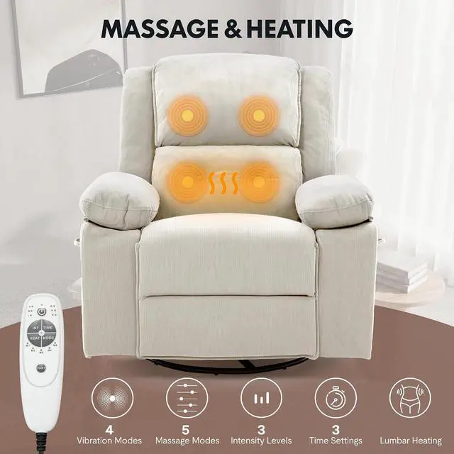 Alt view image 6 of 7 - Swivel Rocker Recliner for Adults, Manual Reclining Chair with Massage & Heat, Side Pocket, Compact Nursery Glider Recliner for Living Room, Bedroom or Apartment, Light Grey
