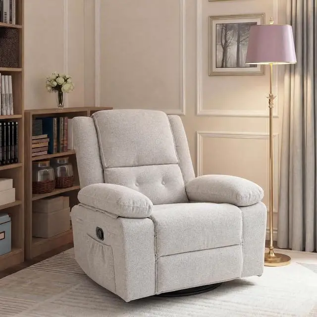 Alt view image 5 of 7 - Swivel Rocker Recliner for Adults, Manual Reclining Chair with Massage & Heat, Side Pocket, Compact Nursery Glider Recliner for Living Room, Bedroom or Apartment, Light Grey