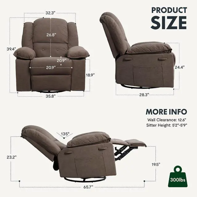 Alt view image 2 of 7 - Rocker Recliner Chair for Adults with Massage & Heat, 360° Swivel Glider, Manual Recliner w/USB Port & Side Pocket, Compact Living Room Apartment Reclining Chair (Brown)