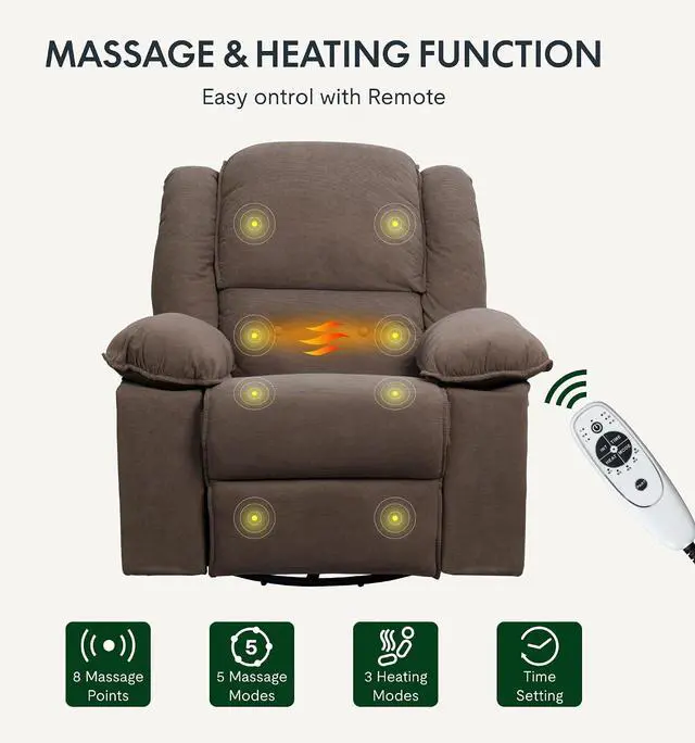 Alt view image 3 of 7 - Rocker Recliner Chair for Adults with Massage & Heat, 360° Swivel Glider, Manual Recliner w/USB Port & Side Pocket, Compact Living Room Apartment Reclining Chair (Brown)
