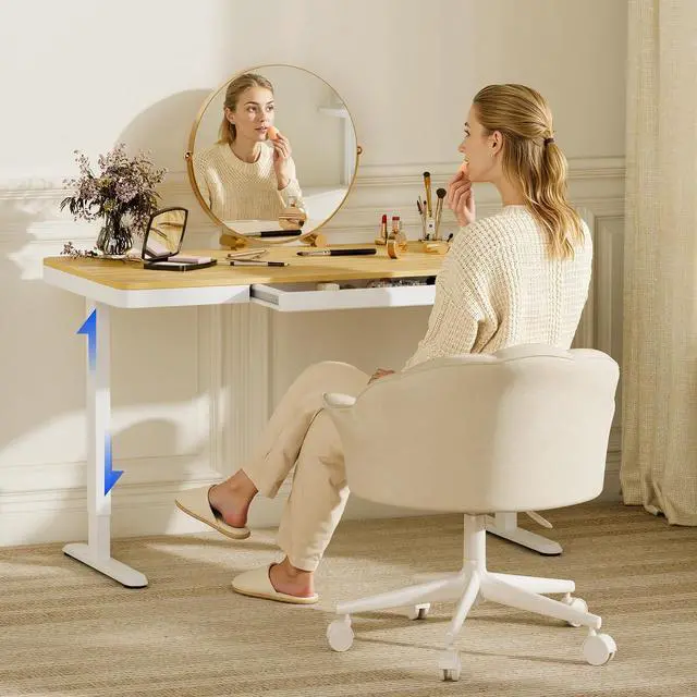 Main image of Electric Standing Makeup Vanity Desk with Drawer and USB Charge Ports,48 Height Adjustable Quick Install Dressing Table for Women Girls Bedroom Dressing Room,Bamboo-Look Laminate/White