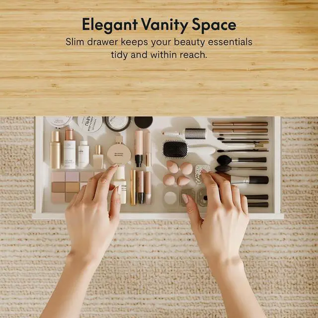 Alt view image 3 of 7 - Electric Standing Makeup Vanity Desk with Drawer and USB Charge Ports,48 Height Adjustable Quick Install Dressing Table for Women Girls Bedroom Dressing Room,Bamboo-Look Laminate/White