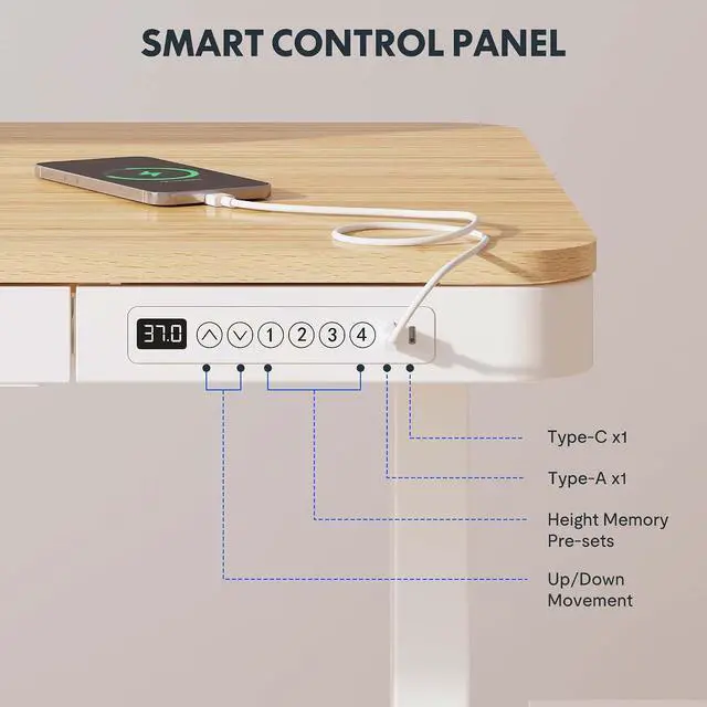 Alt view image 4 of 7 - Electric Standing Makeup Vanity Desk with Drawer and USB Charge Ports,48 Height Adjustable Quick Install Dressing Table for Women Girls Bedroom Dressing Room,Bamboo-Look Laminate/White