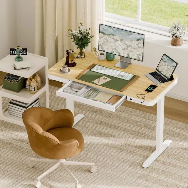 Alt view image 5 of 7 - Electric Standing Makeup Vanity Desk with Drawer and USB Charge Ports,48 Height Adjustable Quick Install Dressing Table for Women Girls Bedroom Dressing Room,Bamboo-Look Laminate/White