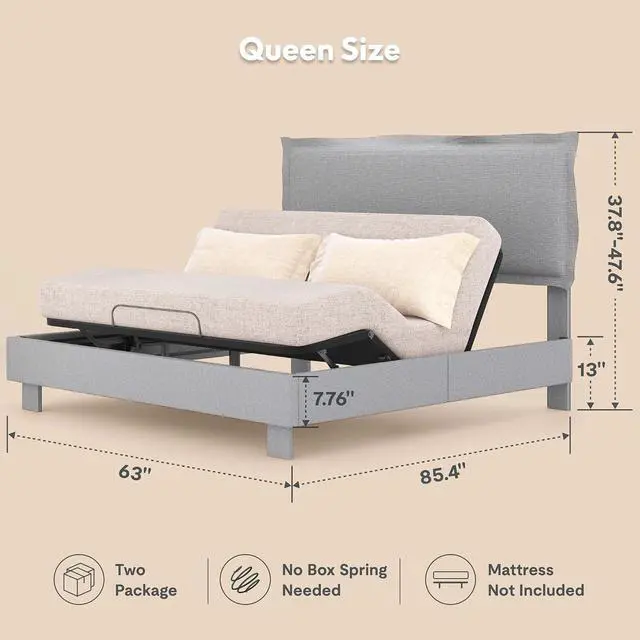 Alt view image 2 of 7 - Queen Adjustable Bed Base with Upholstered Frame, Head & Foot Lift, 600 lbs Capacity, No Box Spring Needed, Minimalist Design, Light Grey, 5-Year Motor & 10-Year Warranty